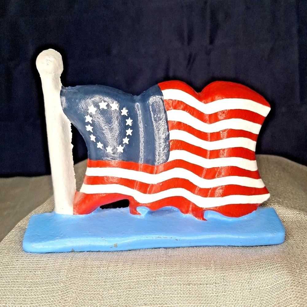 Vntg Door Stop Cast Iron American Flag Colonial 13 Stars Patriotic Doorstop USA